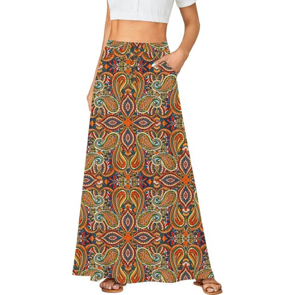 Dresses & Skirts - Women's Multicolor Orange High Waist Button Front A-Line Long Cozy Maxi Skirts